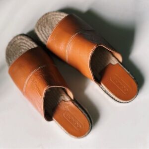 Coach Sandals, Cognac/Brown Leather Espadrille Slides, Size 6.5